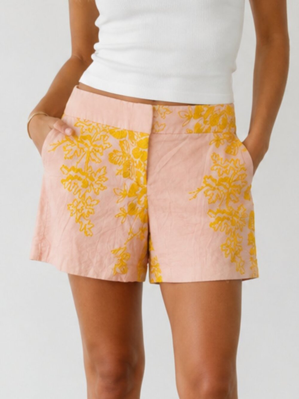 J. CREW Pale Pink Yellow Floral Embroidered Cotton Chino Shorts Flat Front Sz 2